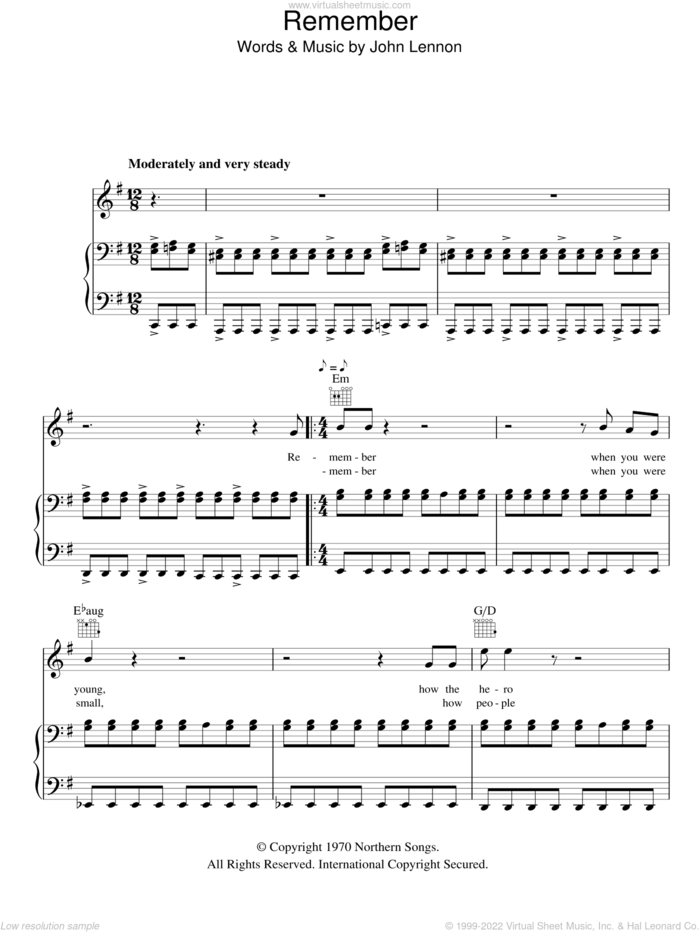Remember sheet music for voice, piano or guitar by John Lennon, intermediate skill level