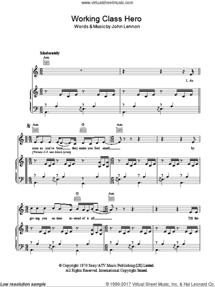 Working Class Hero sheet music for voice, piano or guitar by John Lennon, intermediate skill level