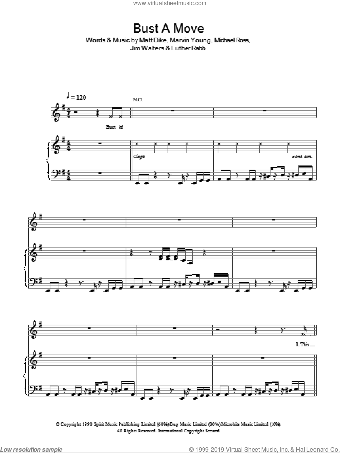 Bust A Move sheet music for voice, piano or guitar by Glee Cast, Miscellaneous, Young MC, Jim Walters, Luther Rabb, Marvin Young, Matt Dike and Michael Ross, intermediate skill level