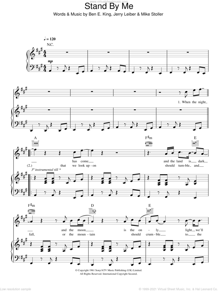 Stand By Me sheet music for voice, piano or guitar by Ben E. King, Jerry Leiber and Mike Stoller, intermediate skill level