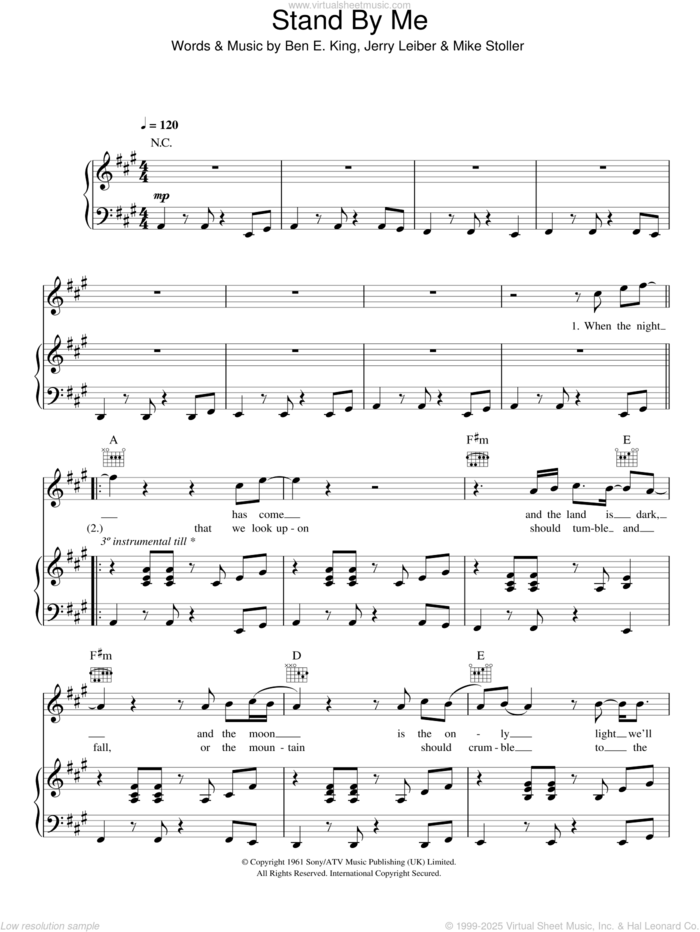 Stand By Me sheet music for voice, piano or guitar by Ben E. King, Jerry Leiber and Mike Stoller, intermediate skill level