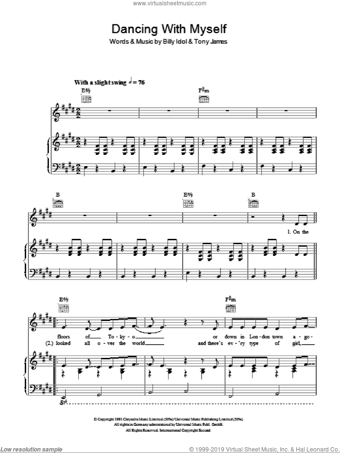 Dancing With Myself sheet music for voice, piano or guitar by Glee Cast, Miscellaneous, Billy Idol and Tony James, intermediate skill level