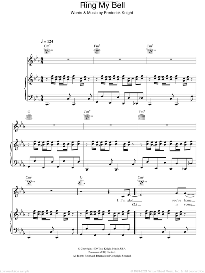 Ring My Bell sheet music for voice, piano or guitar by Anita Ward and Frederick Knight, intermediate skill level
