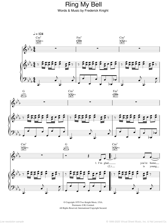 Ring My Bell sheet music for voice, piano or guitar by Anita Ward and Frederick Knight, intermediate skill level