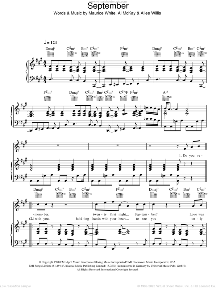 September sheet music for voice, piano or guitar by Earth, Wind and Fire, Earth, Wind & Fire, Wind And Fire Earth, Al McKay, Allee Willis and Maurice White, intermediate skill level