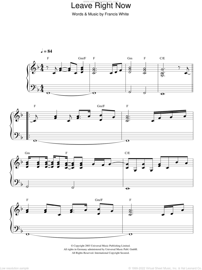 Leave Right Now sheet music for piano solo by Will Young and Francis White, intermediate skill level