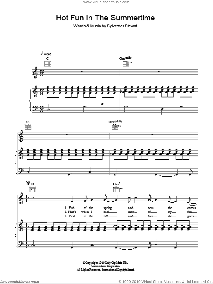 Hot Fun In The Summertime sheet music for voice, piano or guitar by Sly And The Family Stone and Sylvester Stewart, intermediate skill level