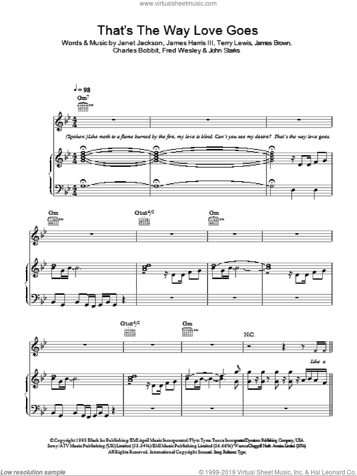 That's The Way Love Goes sheet music for voice, piano or guitar by Janet Jackson, Charles Bobbit, Fred Wesley, James Brown, James Harris, John Starks and Terry Lewis, intermediate skill level