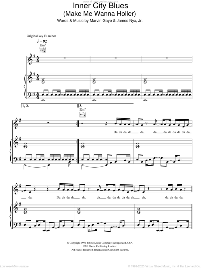 Inner City Blues (Make Me Wanna Holler) sheet music for voice, piano or guitar by Marvin Gaye and James Nyx Jr., intermediate skill level