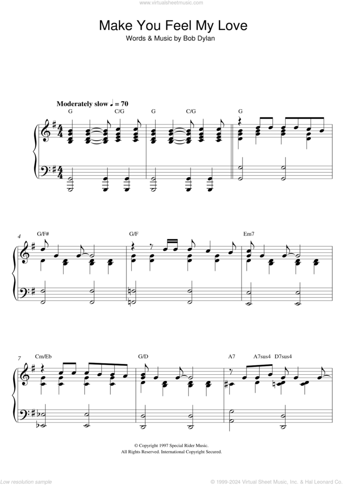 Make You Feel My Love, (intermediate) sheet music for piano solo by Bob Dylan and Adele, intermediate skill level