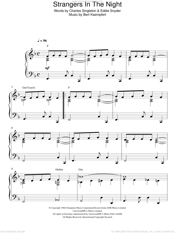 Strangers In The Night, (intermediate) sheet music for piano solo by Frank Sinatra, Bert Kaempfert, Charles Singleton and Eddie Snyder, intermediate skill level