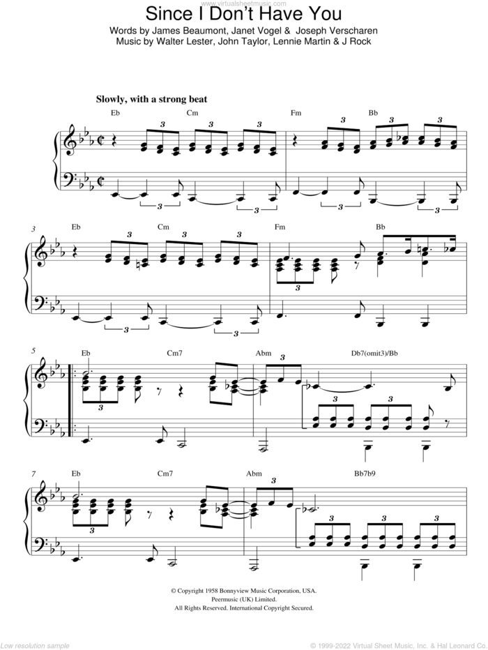 Since I Don't Have You sheet music for piano solo by The Skyliners, James Beaumont, Janet Vogel, John Taylor, Joseph Rock, Joseph Verscharen, Lennie Martin and Walter Lester, intermediate skill level