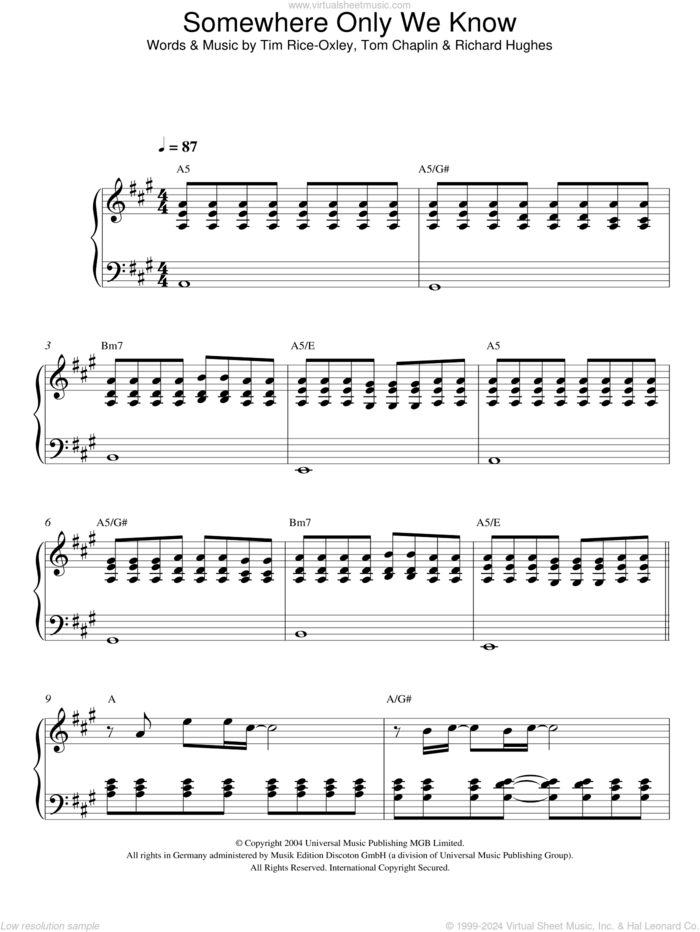 Somewhere Only We Know, (intermediate) sheet music for piano solo by Tim Rice-Oxley, Richard Hughes and Tom Chaplin, intermediate skill level