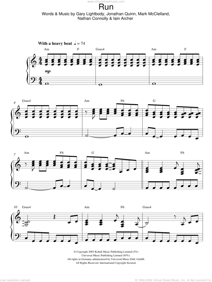 Run, (intermediate) sheet music for piano solo by Snow Patrol, Gary Lightbody, Iain Archer, Jonathan Quinn, Mark McClelland and Nathan Connolly, intermediate skill level
