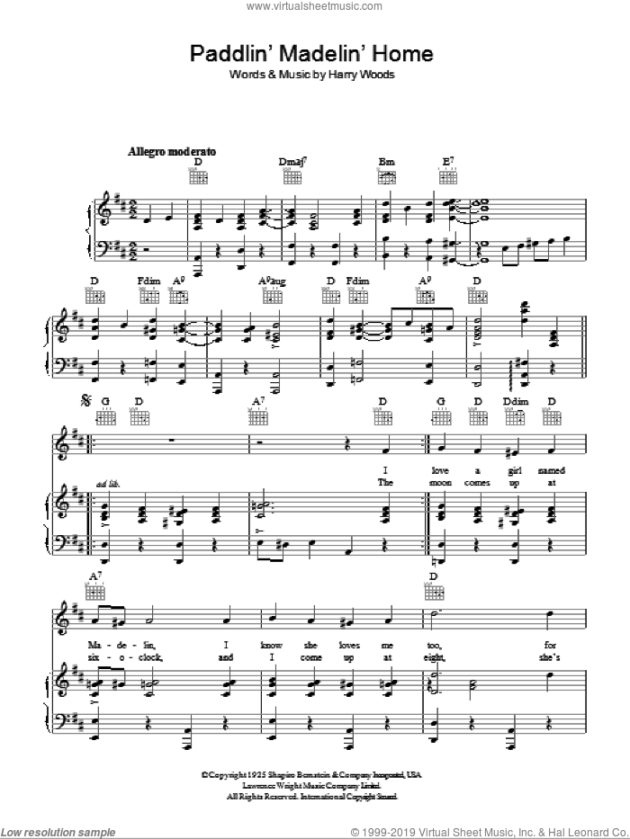 Paddlin' Madelin' Home sheet music for voice, piano or guitar by Harry Woods, intermediate skill level