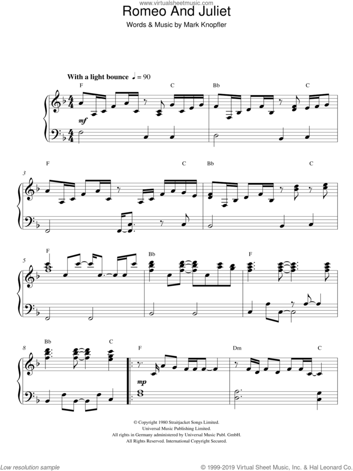 Romeo And Juliet sheet music for piano solo by Dire Straits and Mark Knopfler, intermediate skill level
