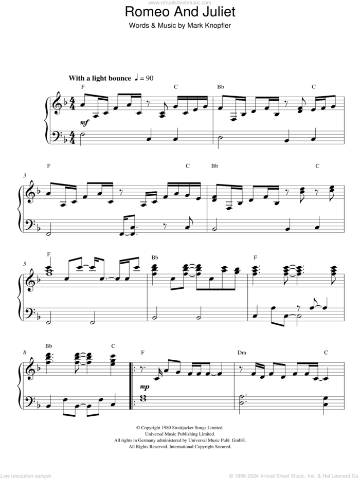 Romeo And Juliet sheet music for piano solo by Dire Straits and Mark Knopfler, intermediate skill level