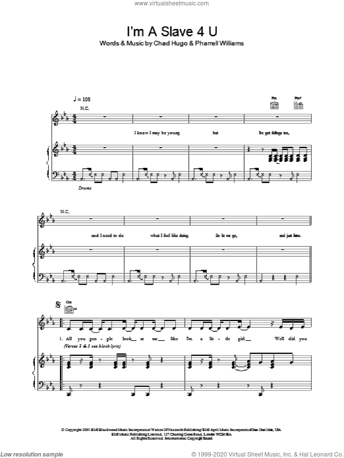 I'm A Slave 4 U sheet music for voice, piano or guitar by Pharrell Williams, Britney Spears and Chad Hugo, intermediate skill level