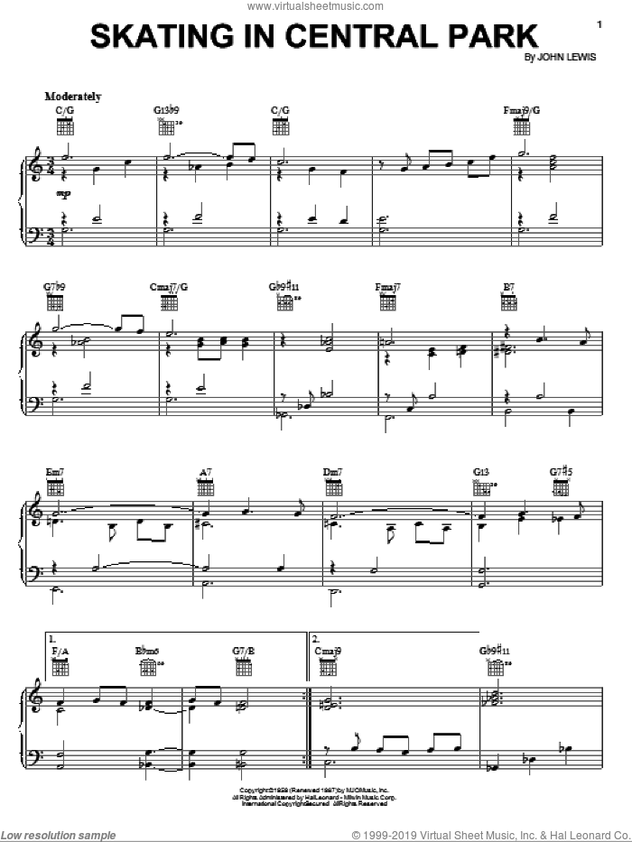 Skating In Central Park sheet music for voice, piano or guitar by John Lewis, intermediate skill level