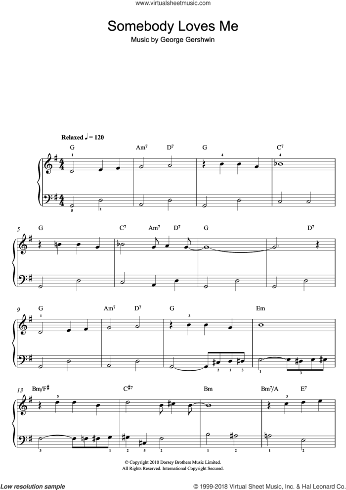 Somebody Loves Me sheet music for piano solo by George Gershwin, easy skill level