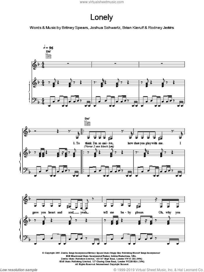 Lonely sheet music for voice, piano or guitar by Britney Spears, Joshua Schwartz and Kierulf, intermediate skill level
