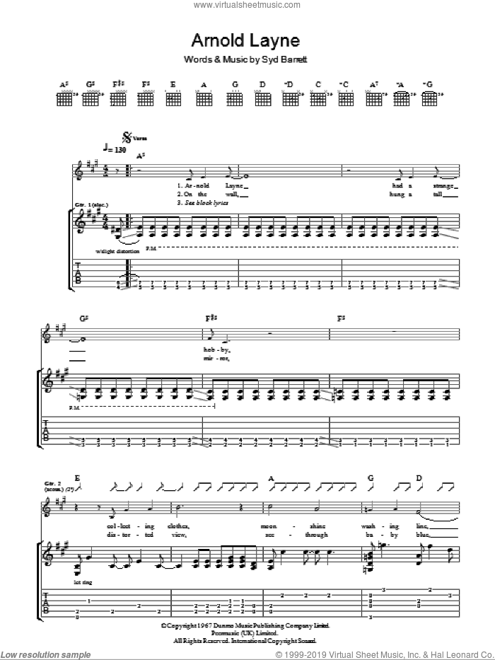 Arnold Layne sheet music for guitar (tablature) by Pink Floyd and Syd Barrett, intermediate skill level