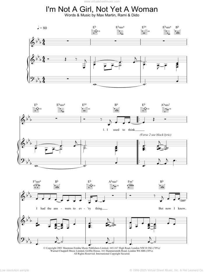 I'm Not A Girl, Not Yet A Woman sheet music for voice, piano or guitar by Britney Spears, Dido Armstrong, Max Martin and Rami, intermediate skill level