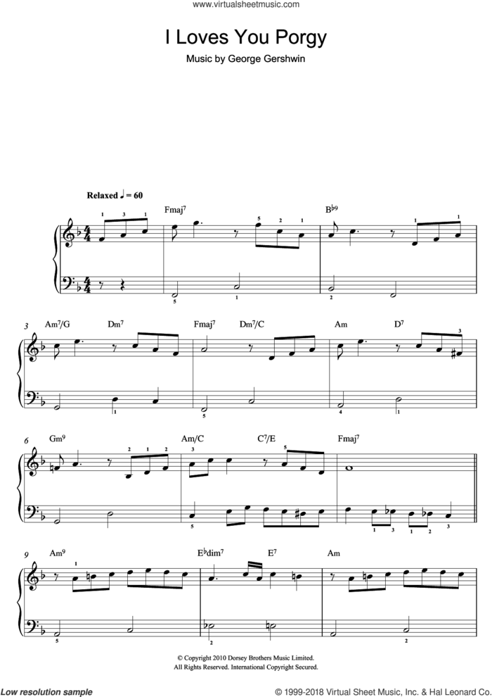 I Loves You, Porgy (From Porgy And Bess) sheet music for piano solo by George Gershwin, easy skill level