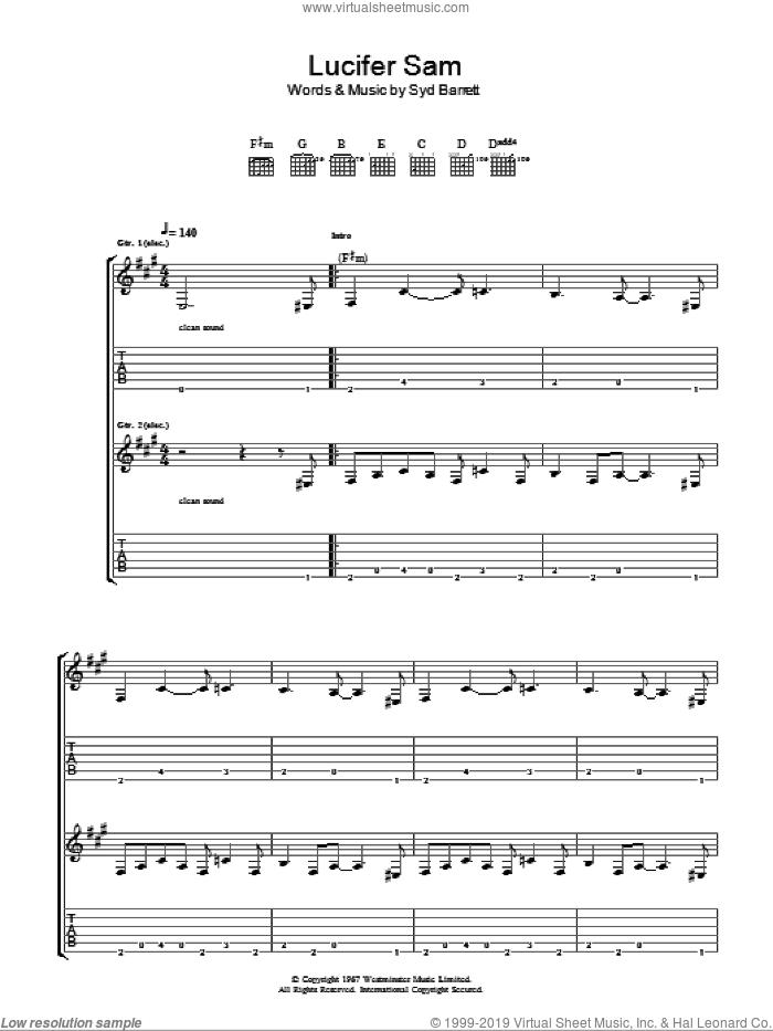 Lucifer Sam sheet music for guitar (tablature) by Pink Floyd and Syd Barrett, intermediate skill level