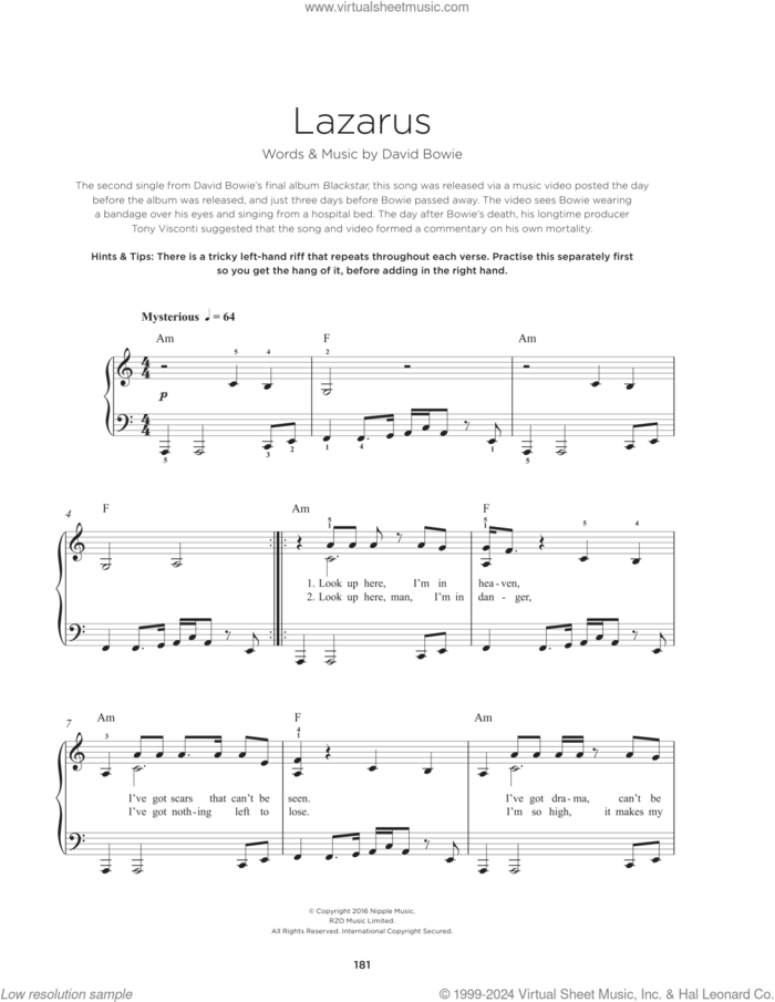 Lazarus sheet music for piano solo by David Bowie, beginner skill level