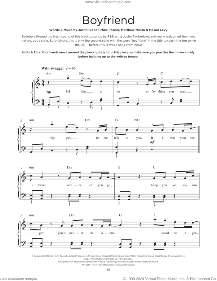 Boyfriend sheet music for piano solo by Justin Bieber, Mason Levy, Mat Musto and Mike Posner, beginner skill level