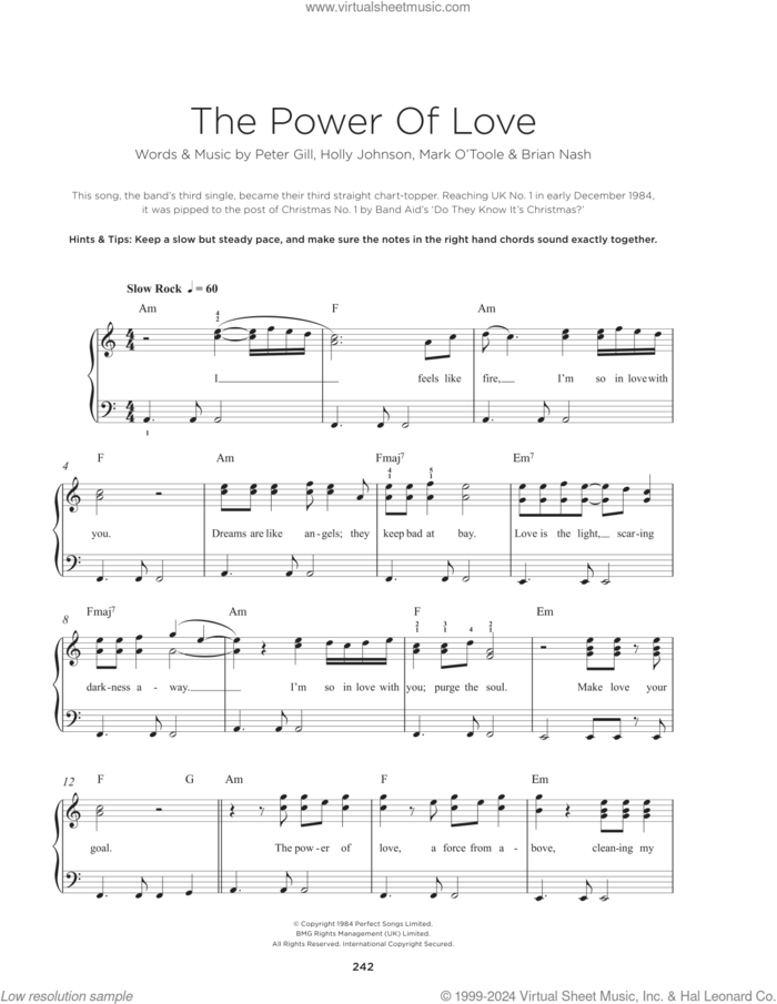 The Power Of Love sheet music for piano solo by Peter Gill, Brian Nash and Holly Johnson, beginner skill level