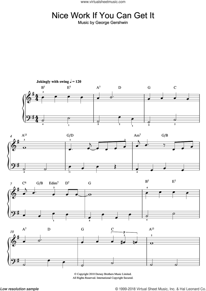 Nice Work If You Can Get It, (easy) sheet music for piano solo by George Gershwin, easy skill level