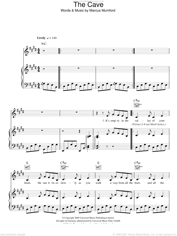 The Cave sheet music for voice, piano or guitar by Mumford & Sons and Marcus Mumford, intermediate skill level