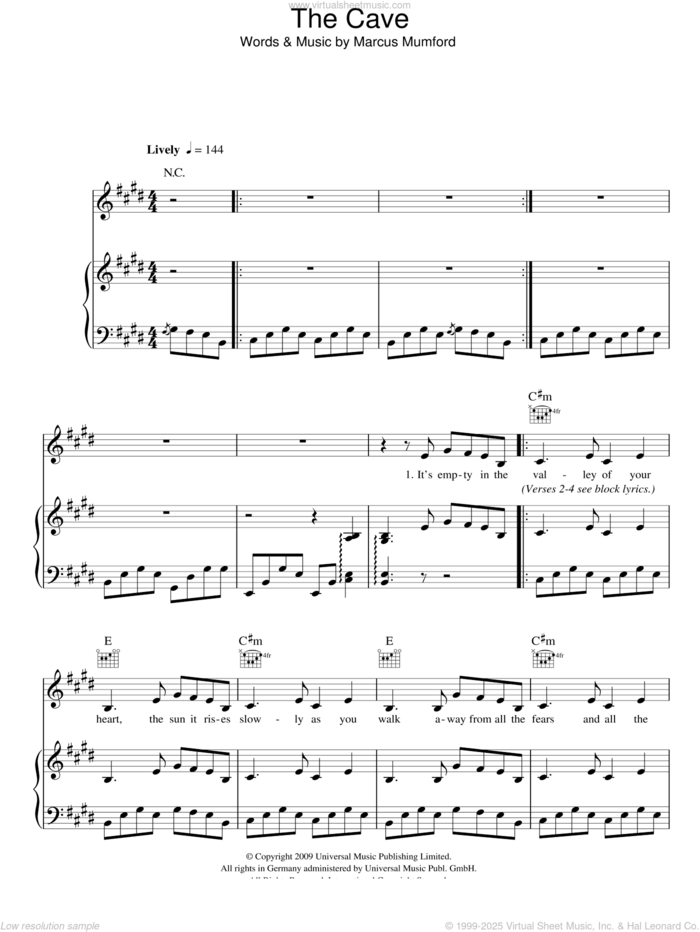 The Cave sheet music for voice, piano or guitar by Mumford & Sons and Marcus Mumford, intermediate skill level