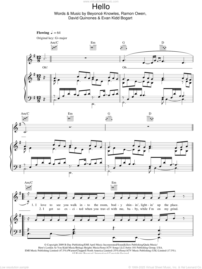 Hello sheet music for voice, piano or guitar by Beyonce, David Quinones, Evan Kidd Bogart and Ramon Owen, intermediate skill level