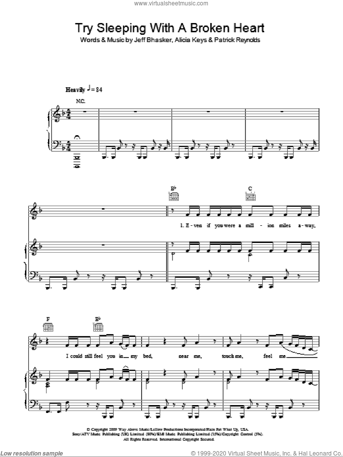 Try Sleeping With A Broken Heart sheet music for voice, piano or guitar by Alicia Keys, Jeff Bhasker and Patrick Reynolds, intermediate skill level