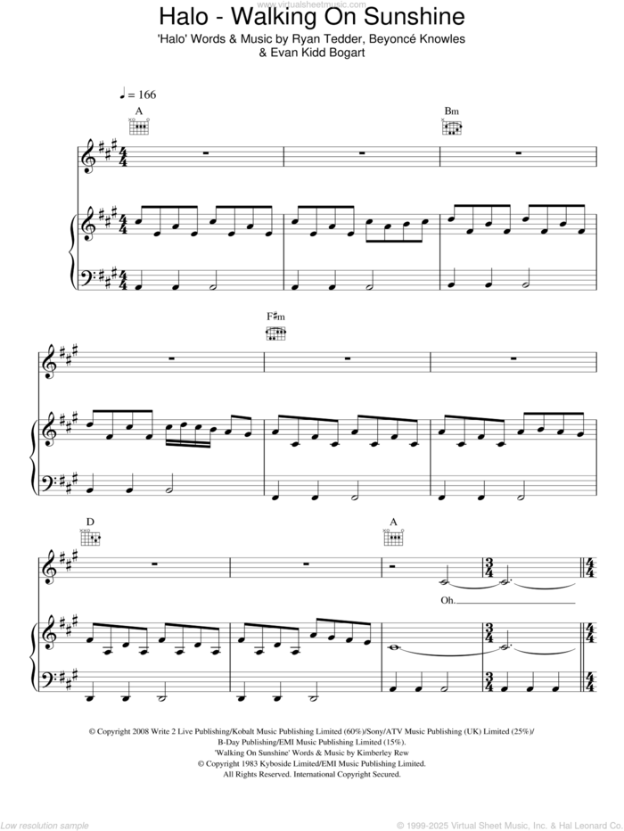 Halo / Walking On Sunshine sheet music for voice, piano or guitar by Glee Cast, Miscellaneous, Beyonce, Evan Kidd Bogart, Kimberley Rew and Ryan Tedder, intermediate skill level