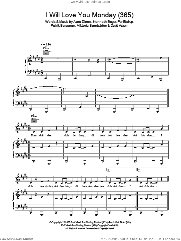 I Will Love You Monday (365) sheet music for voice, piano or guitar by Aura Dione, David Astrom, Kenneth Bager, Patrik Berggren, Per Ebdrup, Viktoria Sandstraum and Viktoria Sandstrom, intermediate skill level