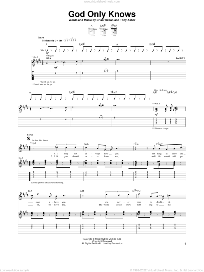 God Only Knows sheet music for guitar (tablature) by The Beach Boys, Brian Wilson and Tony Asher, intermediate skill level