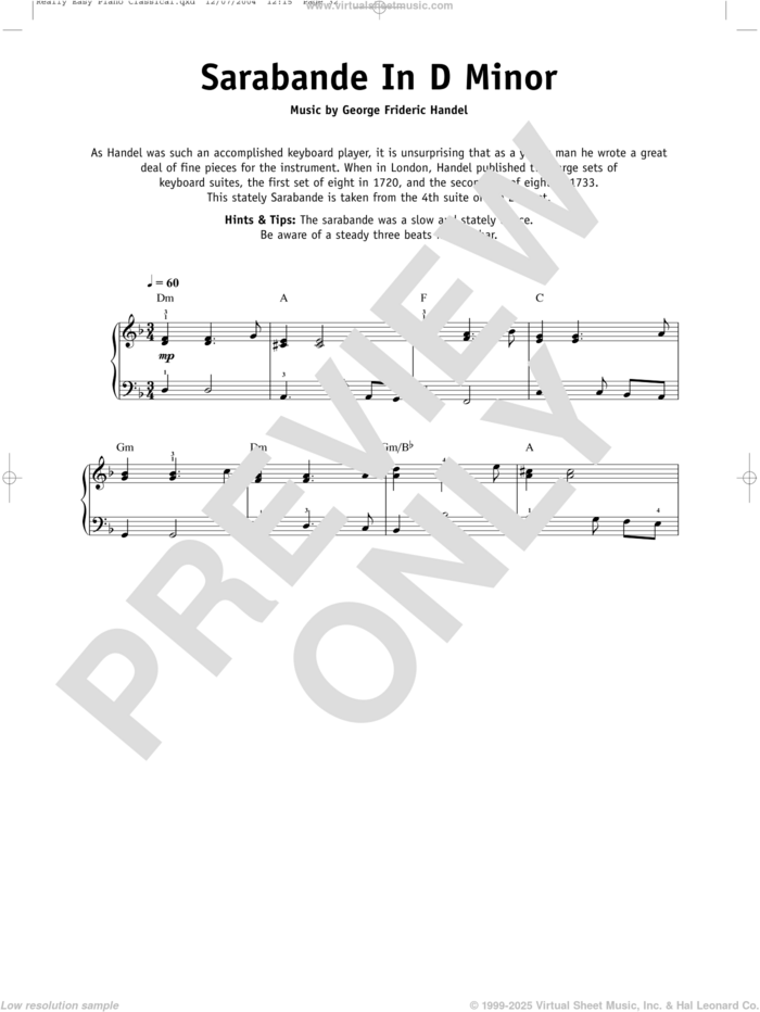 Sarabande, HWV 437 sheet music for piano solo by George Frideric Handel, classical score, beginner skill level