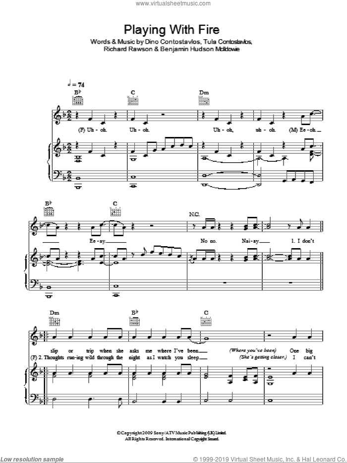 Playing With Fire sheet music for voice, piano or guitar by N-Dubz featuring Mr. Hudson, Benjamin Hudson McIldowie, Dino Contostavlos, Richard Rawson and Tula Contostavlos, intermediate skill level