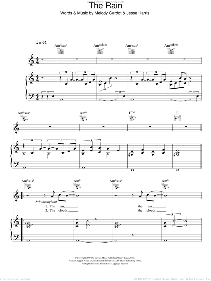 The Rain sheet music for voice, piano or guitar by Melody Gardot and Jesse Harris, intermediate skill level
