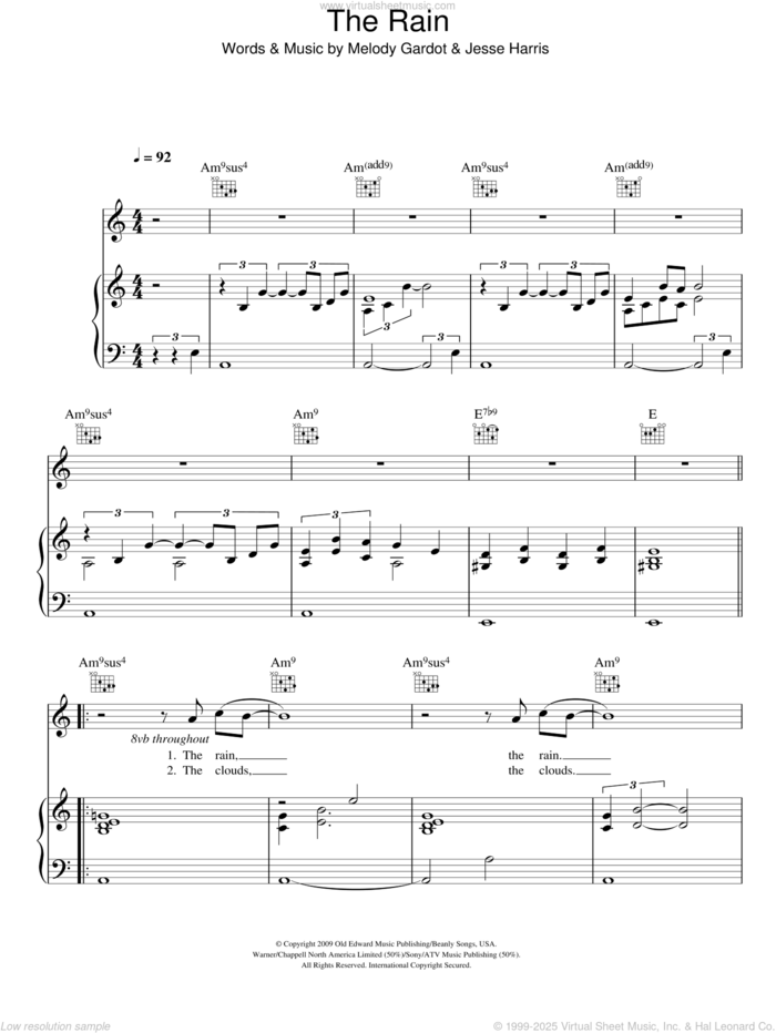 The Rain sheet music for voice, piano or guitar by Melody Gardot and Jesse Harris, intermediate skill level