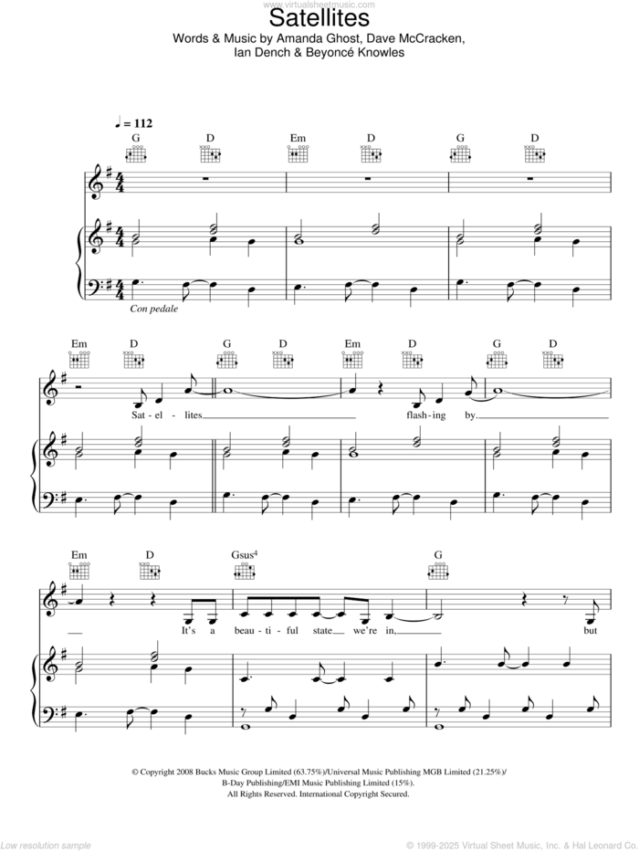 Satellites sheet music for voice, piano or guitar by Beyonce, Amanda Ghost, Dave McCracken and Ian Dench, intermediate skill level