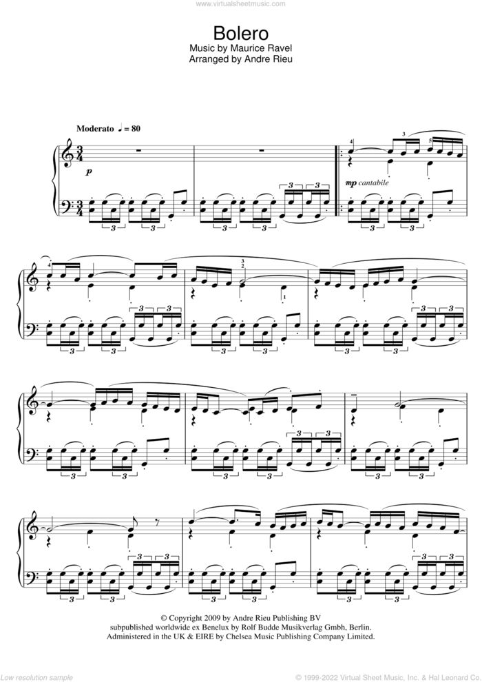 Bolero sheet music for piano solo by André Rieu, Andre Rieu and Maurice Ravel, classical score, intermediate skill level