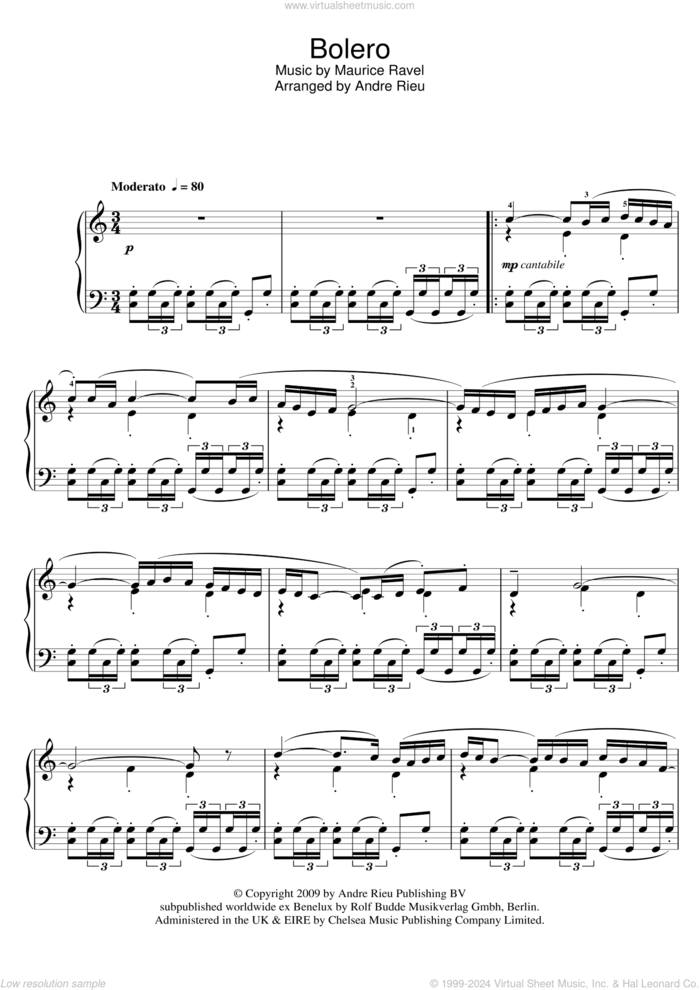 Bolero sheet music for piano solo by André Rieu, Andre Rieu and Maurice Ravel, classical score, intermediate skill level