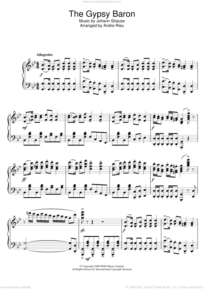The Gypsy Baron sheet music for piano solo by André Rieu, Andre Rieu, Johann Strauss and Johann Strauss, Jr., classical score, intermediate skill level