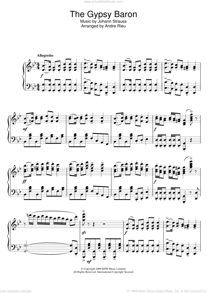 The Gypsy Baron sheet music for piano solo by André Rieu, Andre Rieu, Johann Strauss and Johann Strauss, Jr., classical score, intermediate skill level