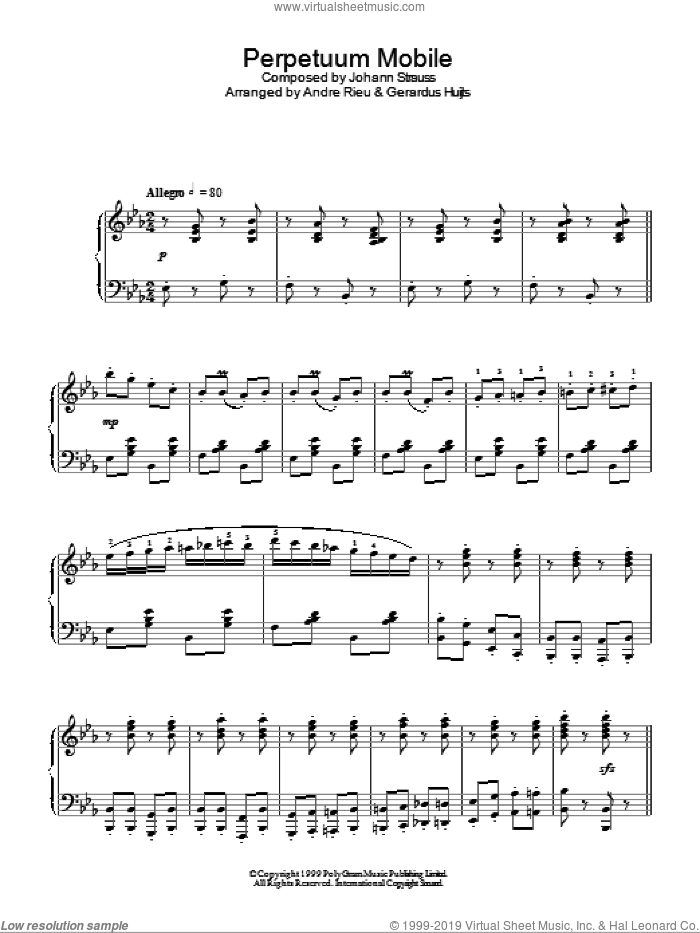 Perpetuum Mobile sheet music for piano solo by Andre Rieu and Johann Strauss, classical score, intermediate skill level